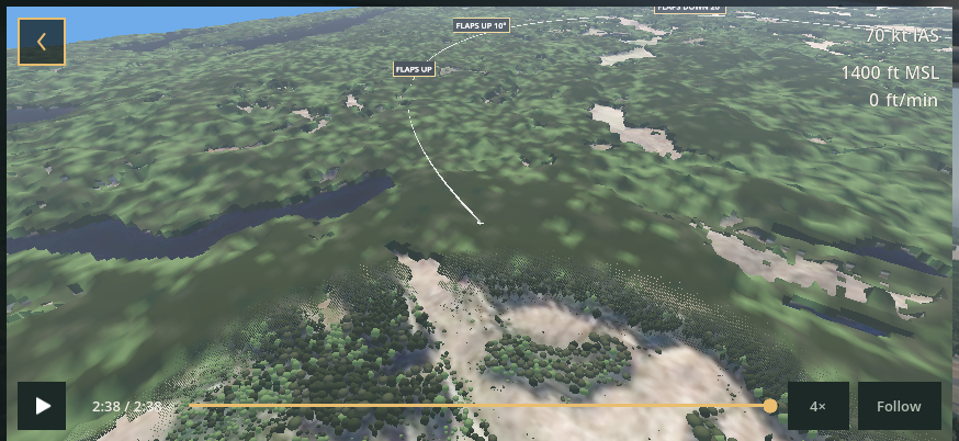 MR Flight 3D playback with a flight path above Vesivehmaa, flap markers, flight data and a playback timeline